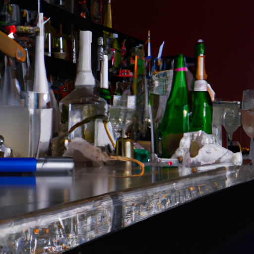תמונה של כוסות ובקבוקי יין, שמפניה ובירה עם קישוטים ומיקסרים על גבי בר.